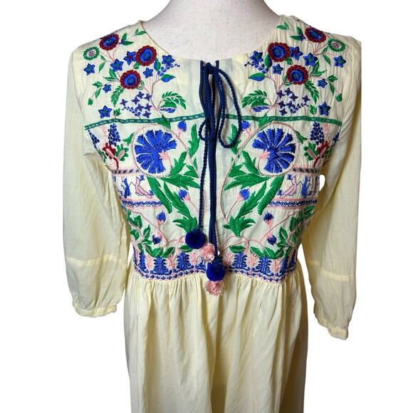 Ethnic by Outfitters Embroidered Floral Dress Yellow Pinstripe XS Boho Peasant - Picture 2 of 8
